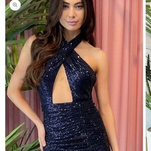 Glamorous Midnight Blue Sequin Backless Dress